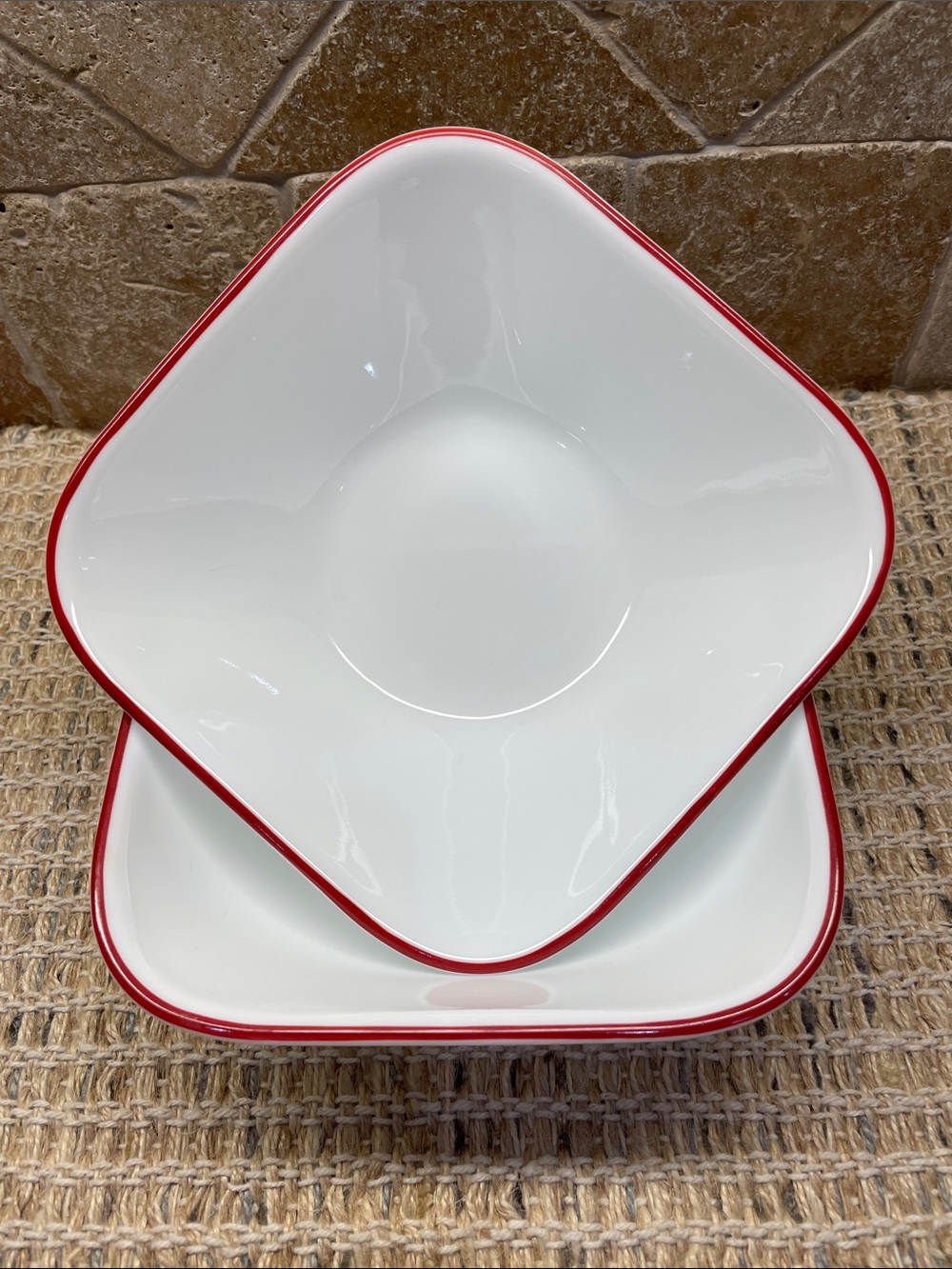 Corelle White Square Bowls with Red Rim - Set of 2